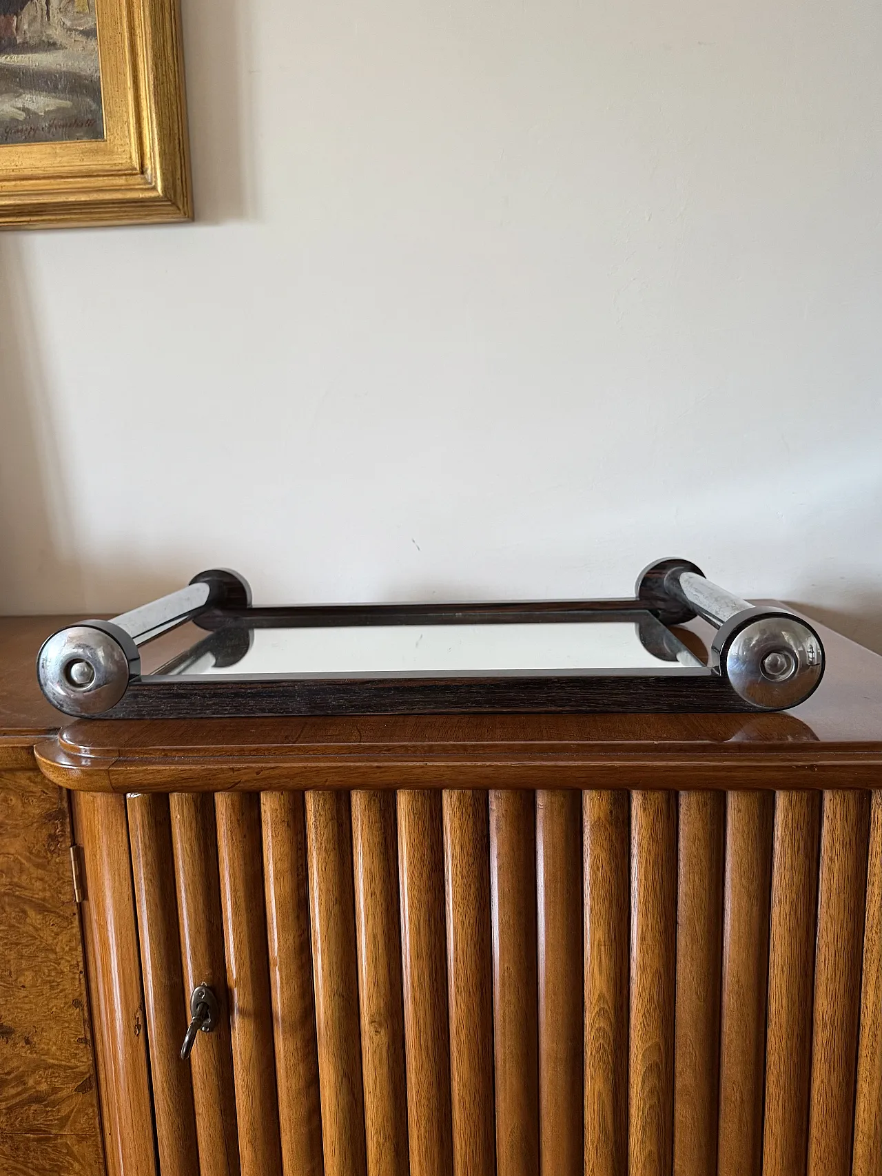 Vassoio Art Déco in legno con specchio, Francia anni '30 2