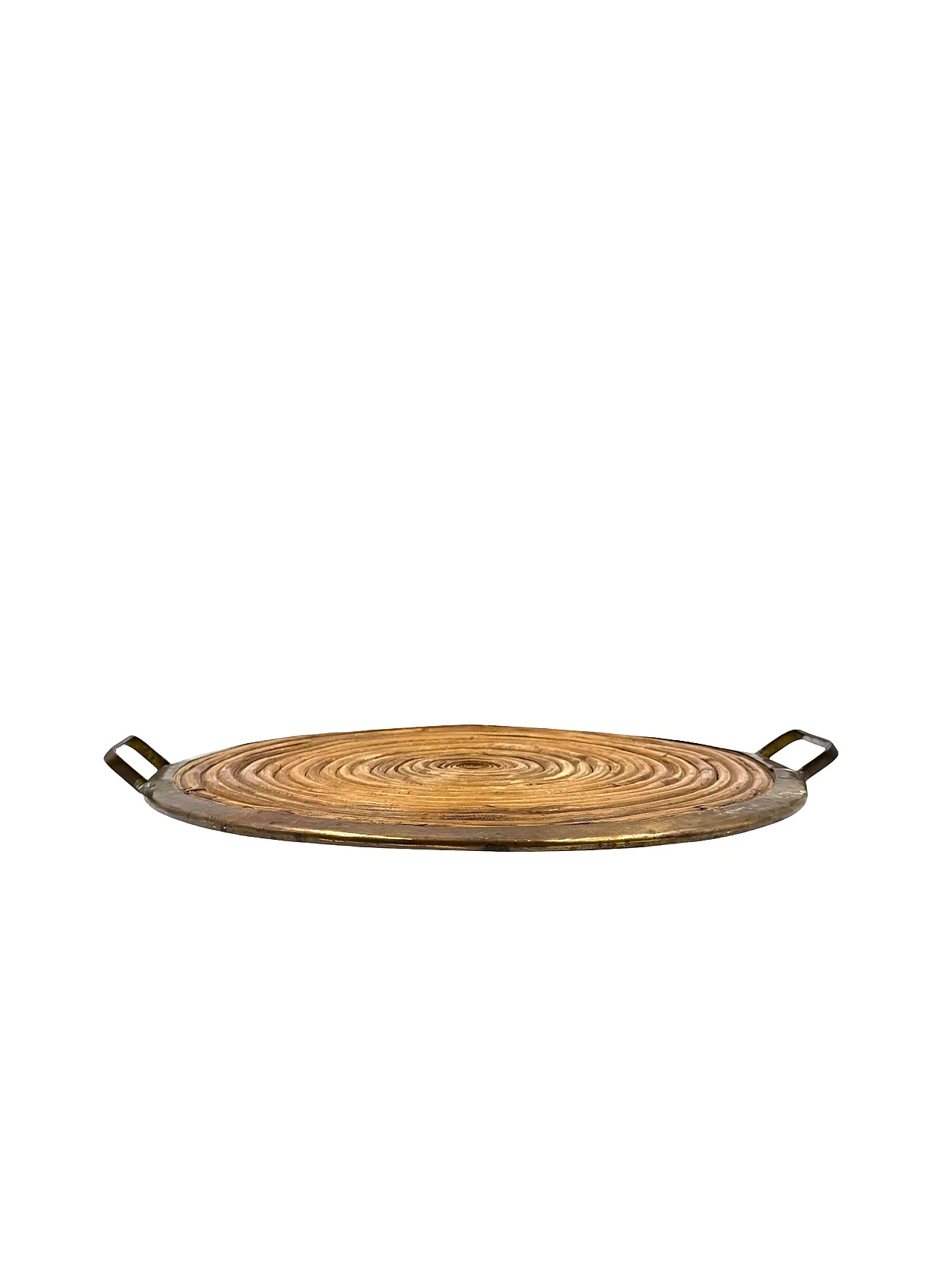 Vassoio in ottone e vimini Hollywood Regency, anni '70 4