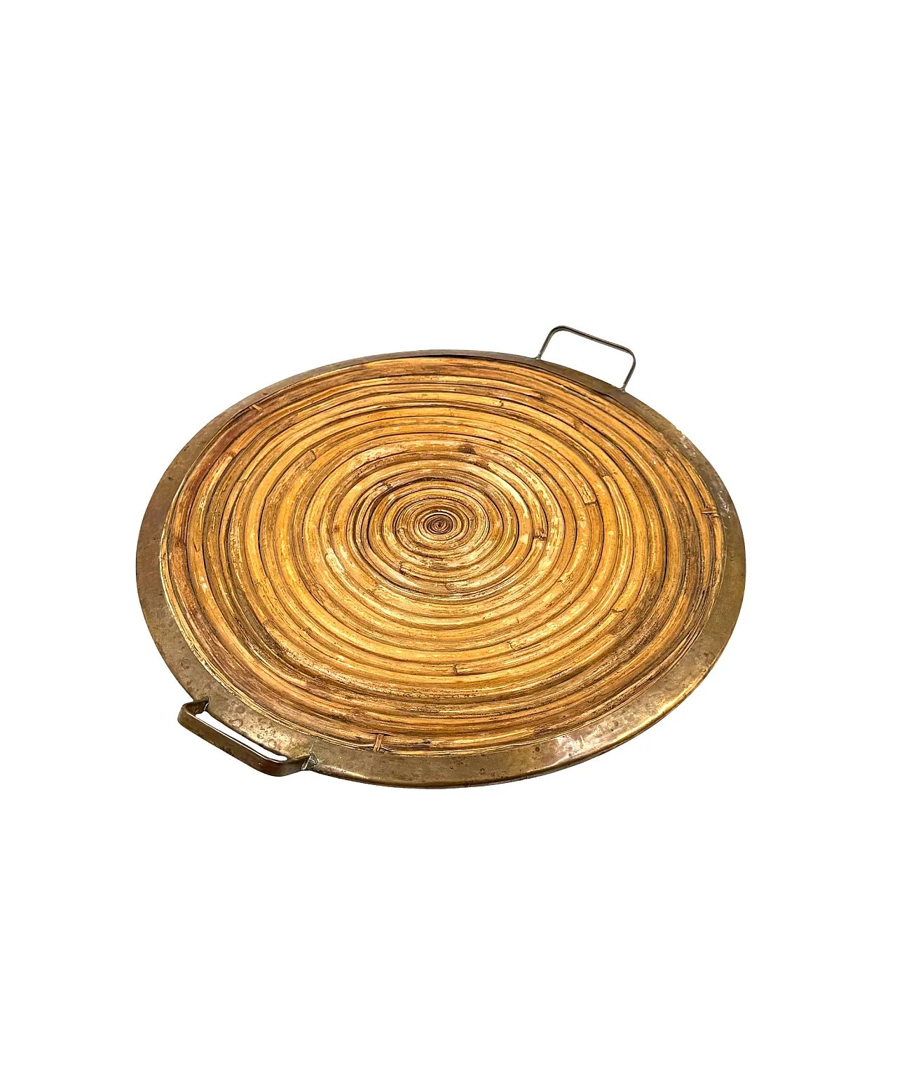 Vassoio in ottone e vimini Hollywood Regency, anni '70 8