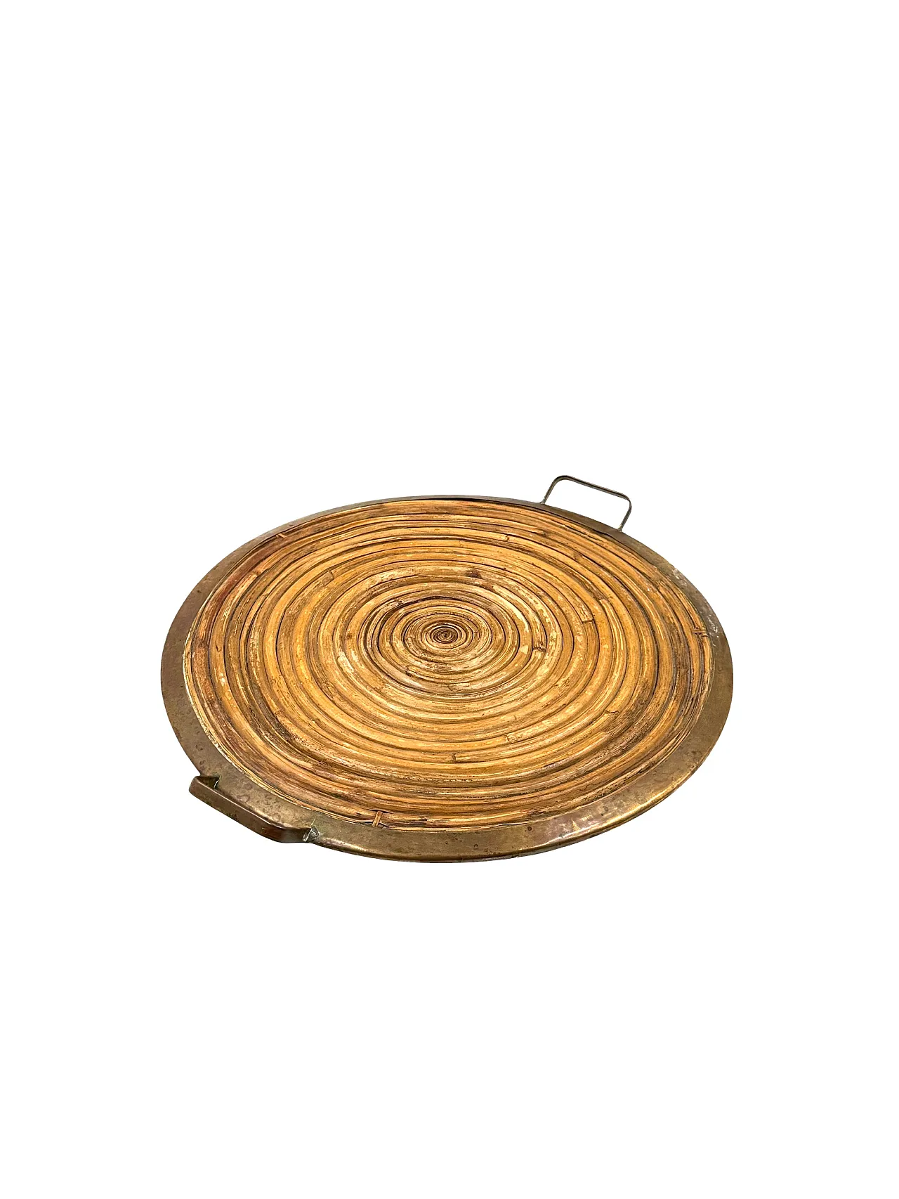 Vassoio in ottone e vimini Hollywood Regency, anni '70 9