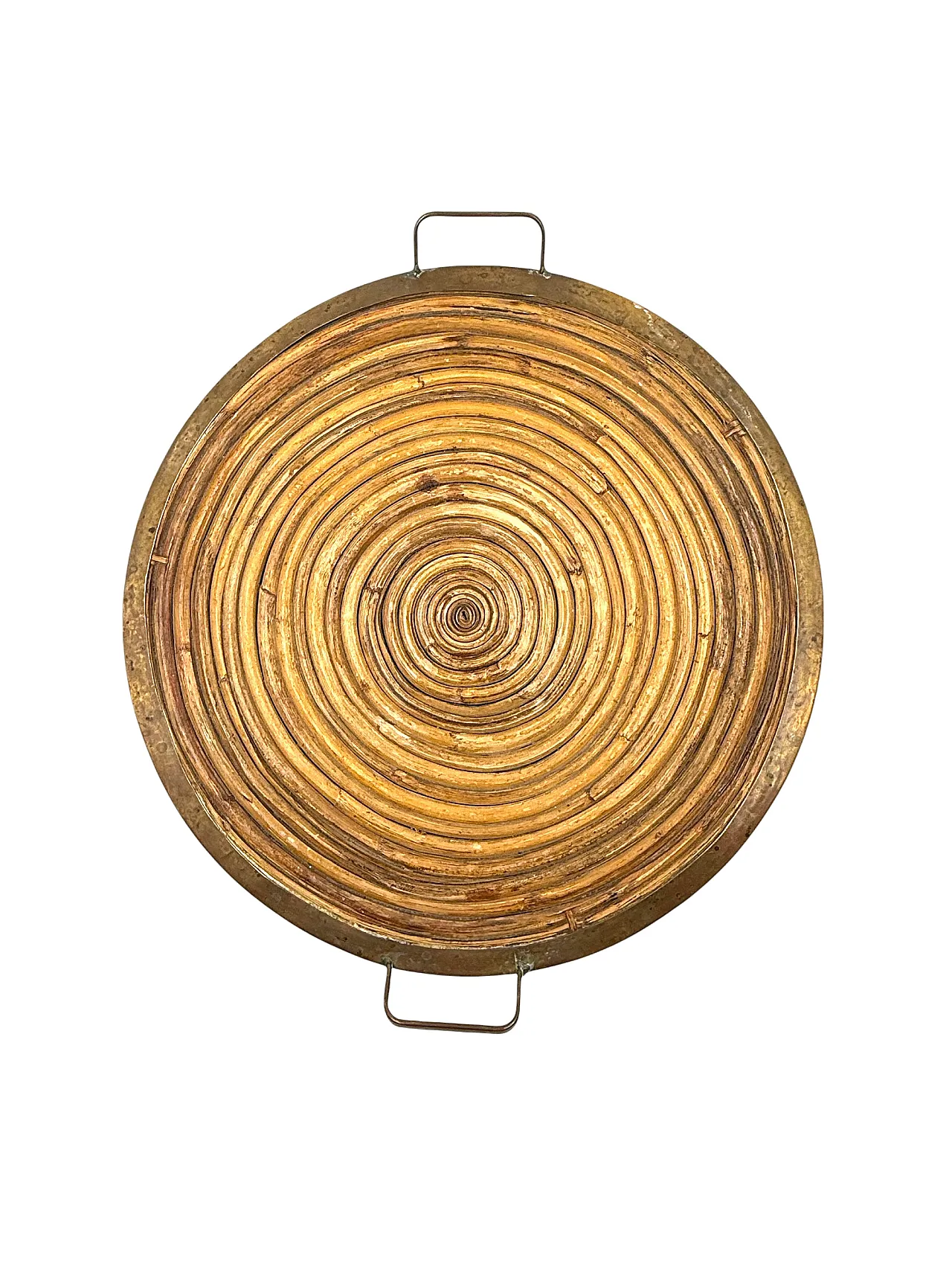 Vassoio in ottone e vimini Hollywood Regency, anni '70 10