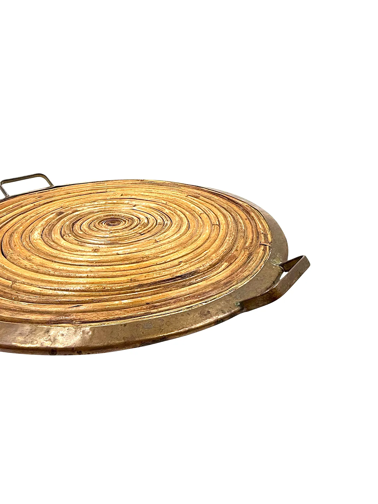 Vassoio in ottone e vimini Hollywood Regency, anni '70 11