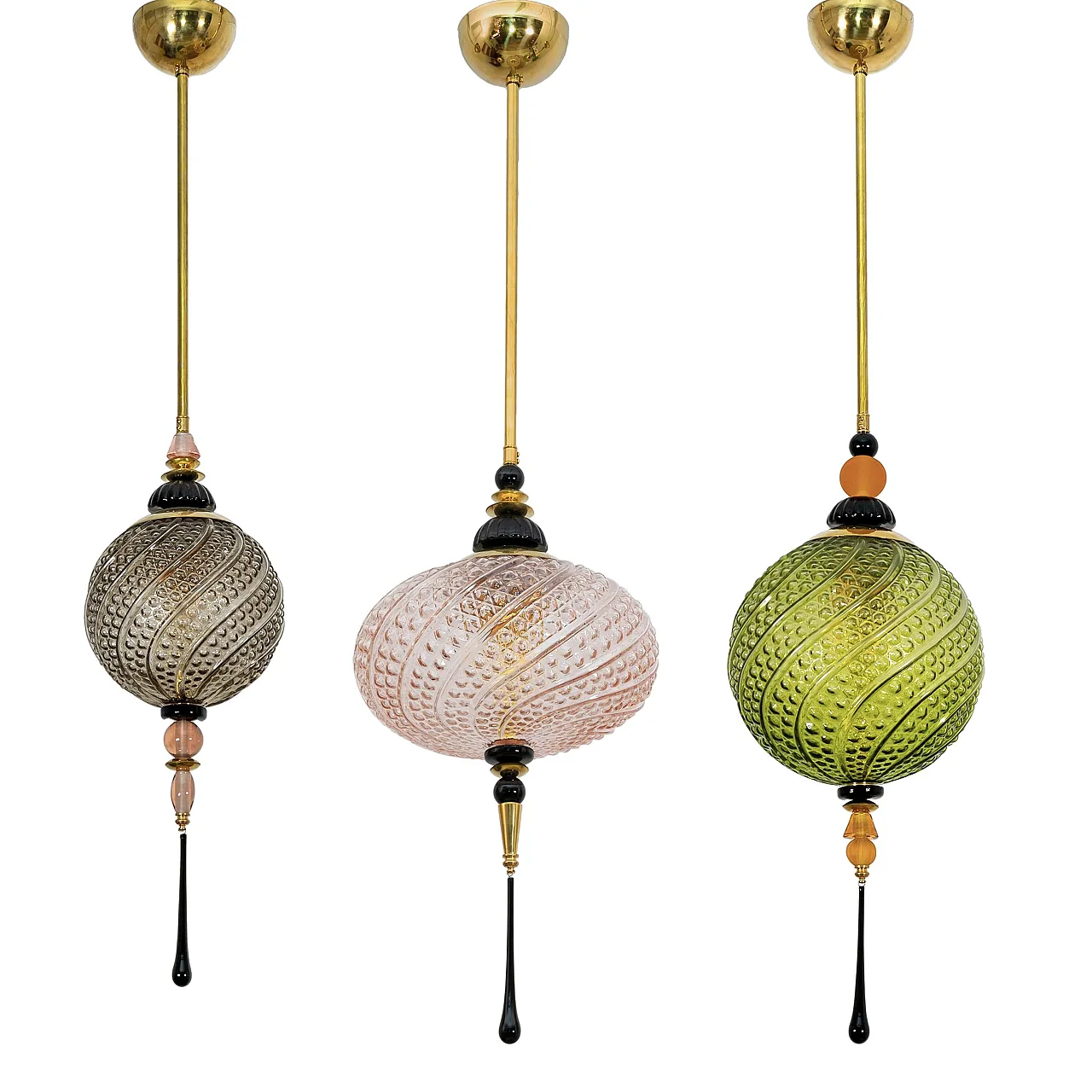 Lampada a sospensione in vetro di Murano soffiato e ottone, anni 2000 6