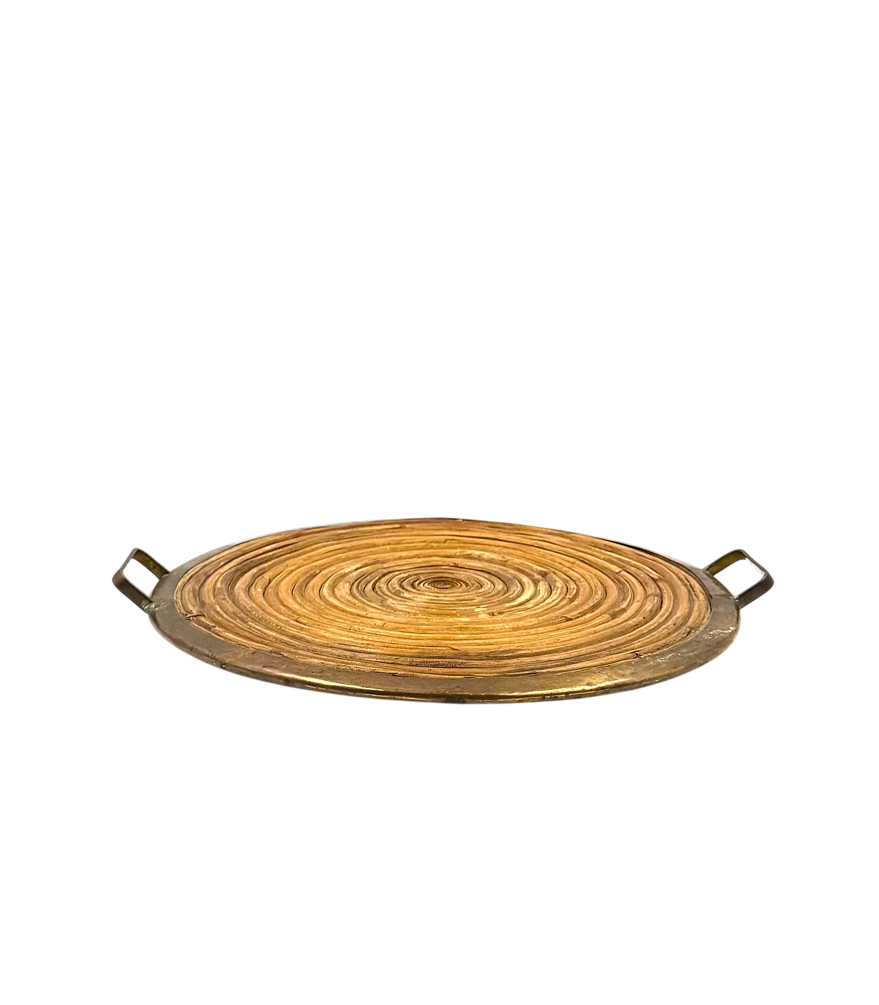 Vassoio in ottone e vimini Hollywood Regency, anni '70 13
