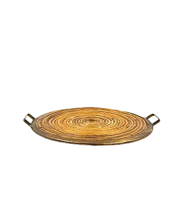 Vassoio in ottone e vimini Hollywood Regency, anni '70