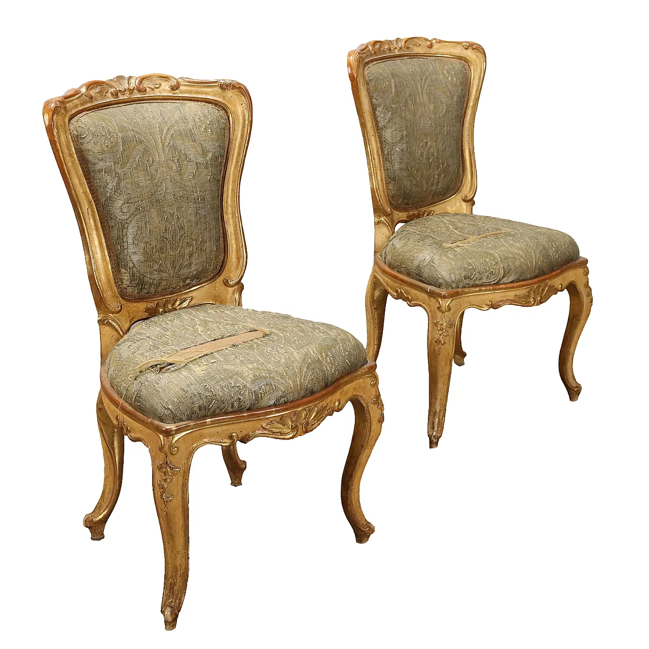 Pair of laquered and gilded chairs with wiggly legs, 19th century 1