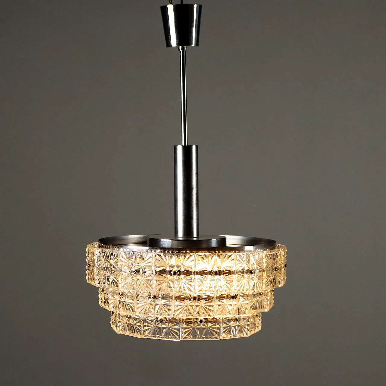 Ceiling lamp in chromed metal & worked glass dowels, 1960s 1