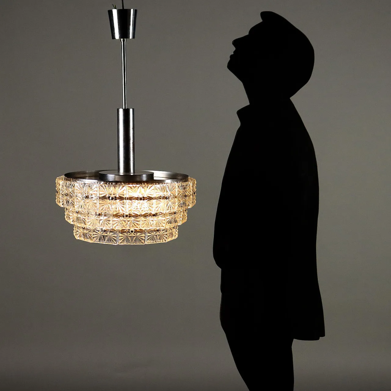 Ceiling lamp in chromed metal & worked glass dowels, 1960s 2