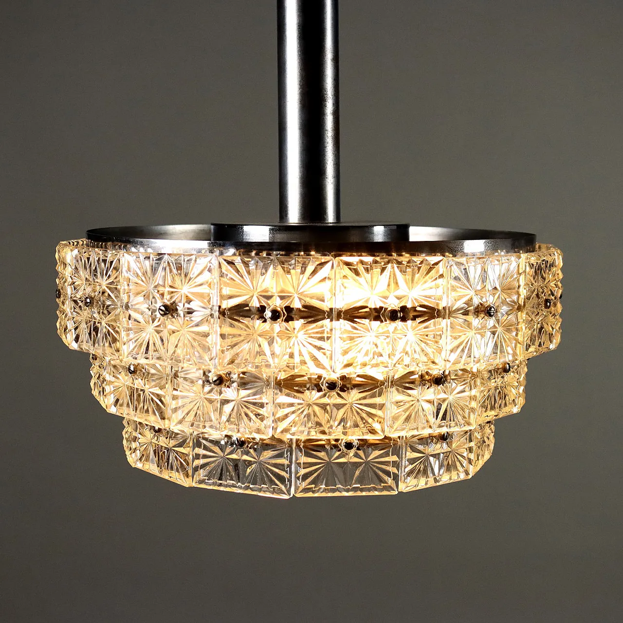 Ceiling lamp in chromed metal & worked glass dowels, 1960s 3