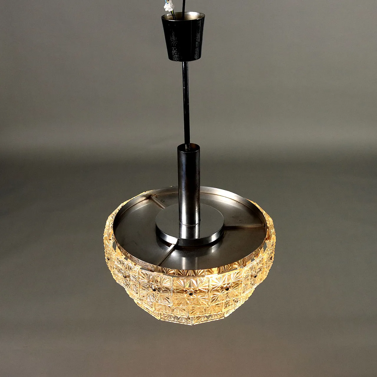 Ceiling lamp in chromed metal & worked glass dowels, 1960s 4