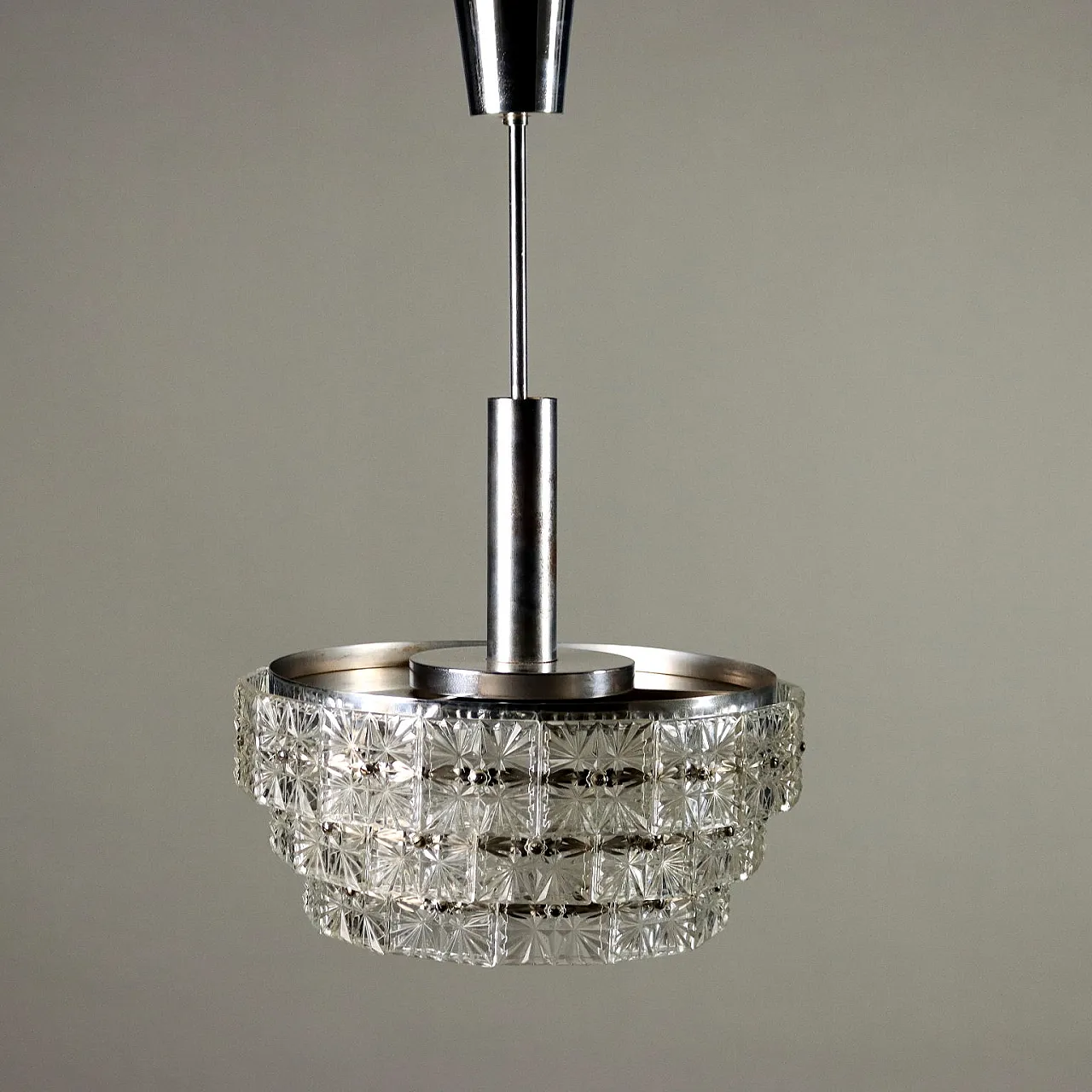 Ceiling lamp in chromed metal & worked glass dowels, 1960s 6