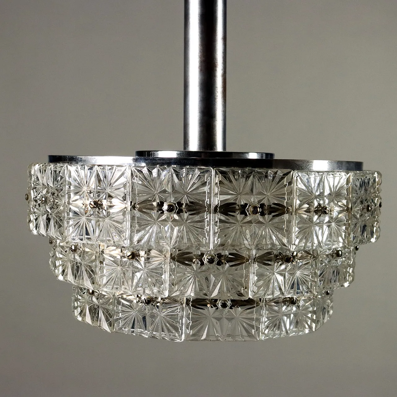 Ceiling lamp in chromed metal & worked glass dowels, 1960s 7