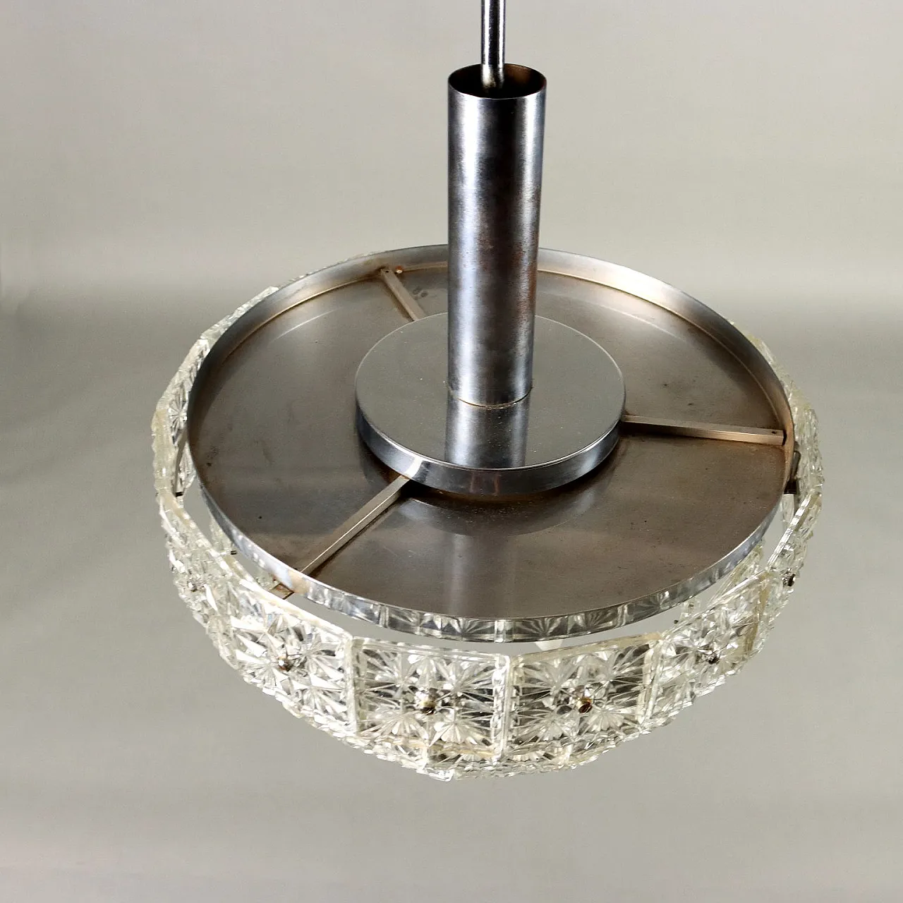 Ceiling lamp in chromed metal & worked glass dowels, 1960s 8