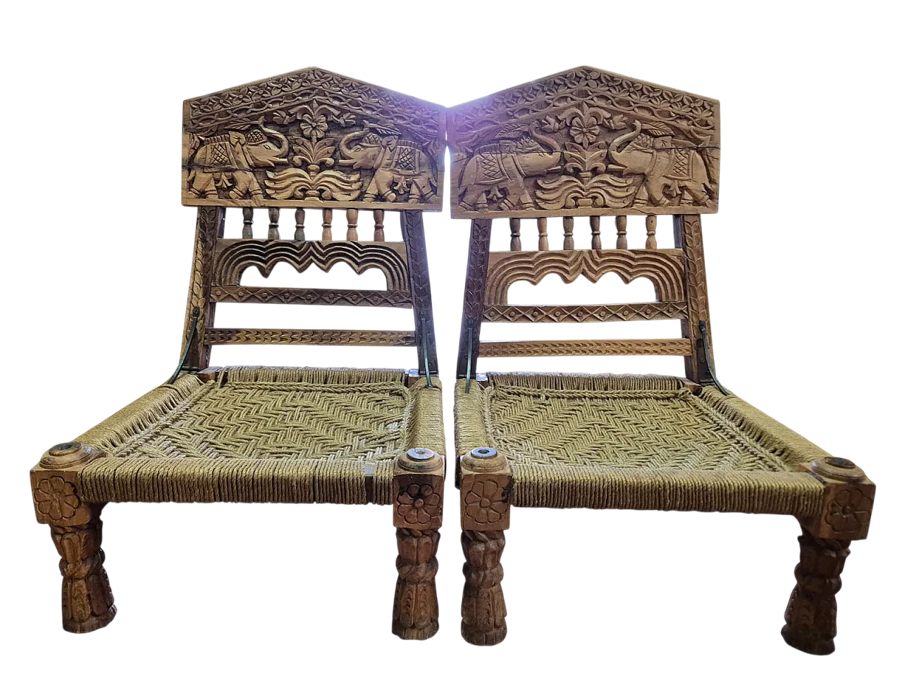 Pair of hand carved Indian chairs, 1920s 21