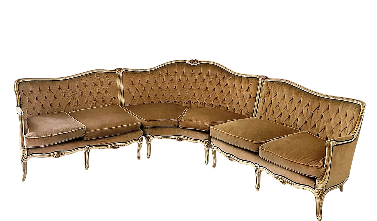 Louis XVI style corner sofa in 3 modules, wood and velvet, 60s 6