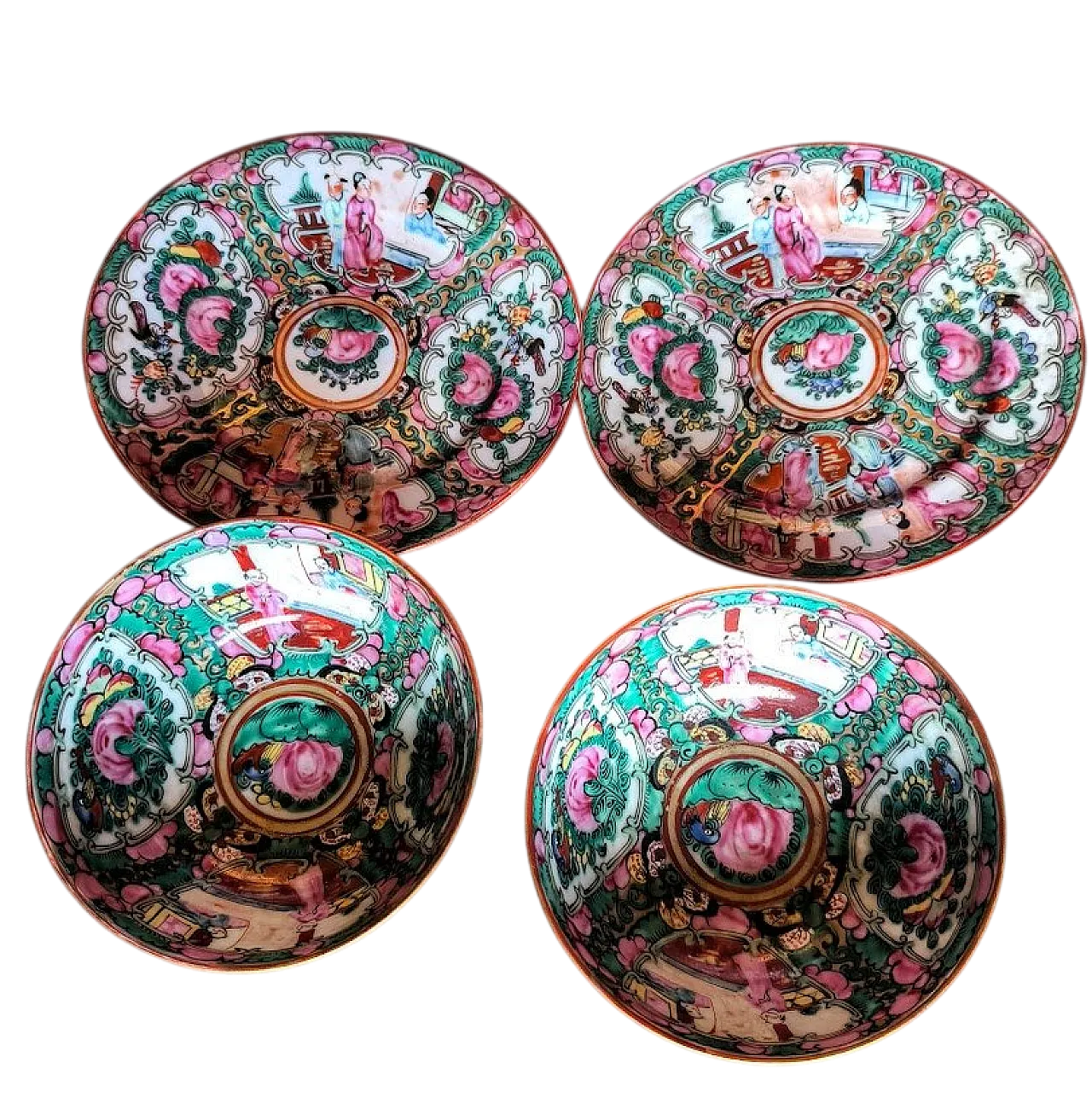 4 ciotole con piatti in porcellana con medaglione rosa, anni '30 8