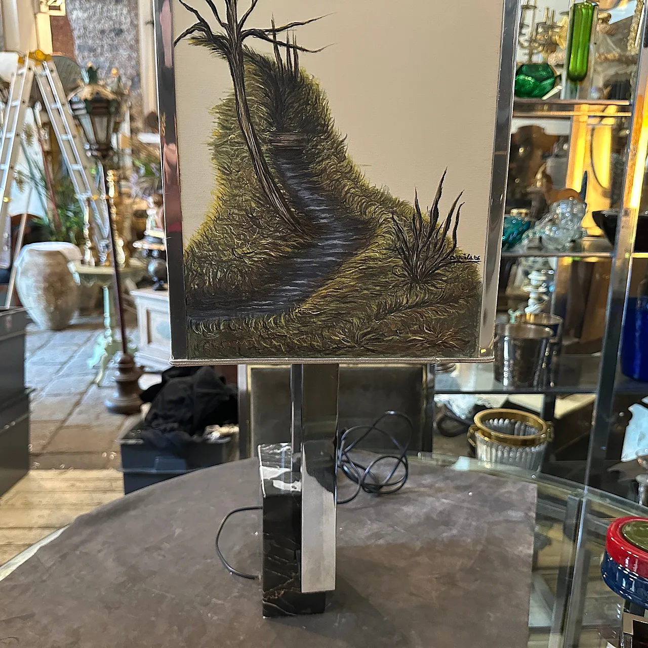 Chrome-plated metal and marble table lamp, 1970s 2