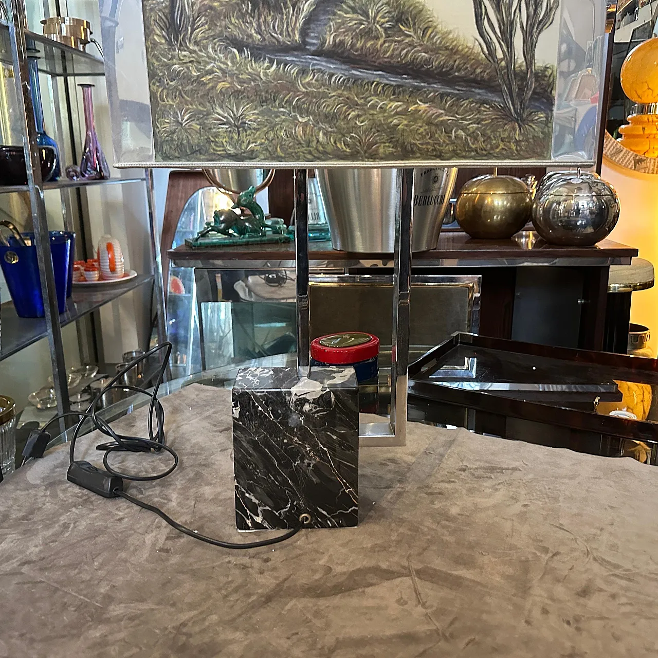 Chrome-plated metal and marble table lamp, 1970s 3