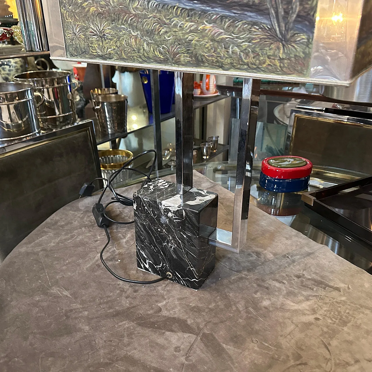 Chrome-plated metal and marble table lamp, 1970s 4