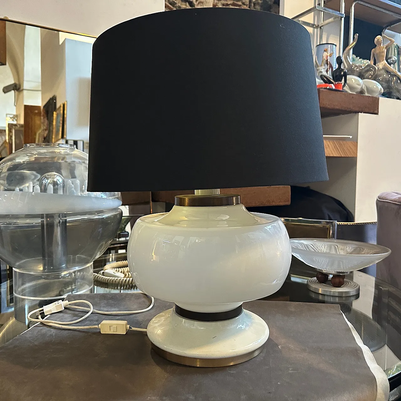 White opaline glass and brass table lamp, 1970s 2