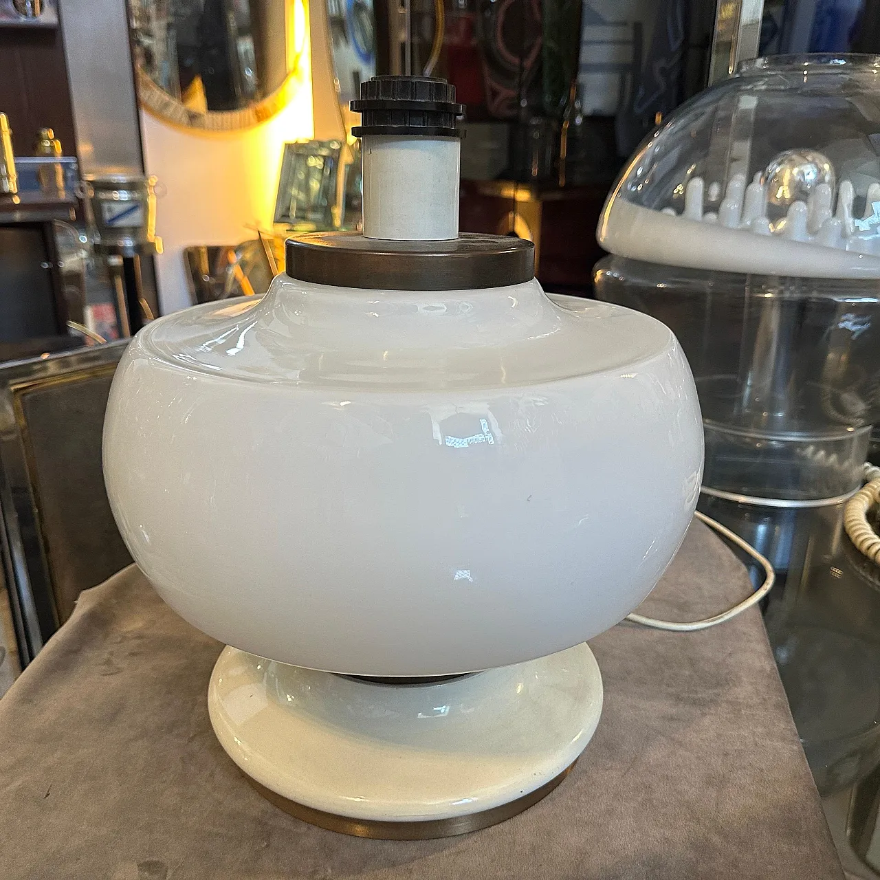 White opaline glass and brass table lamp, 1970s 7