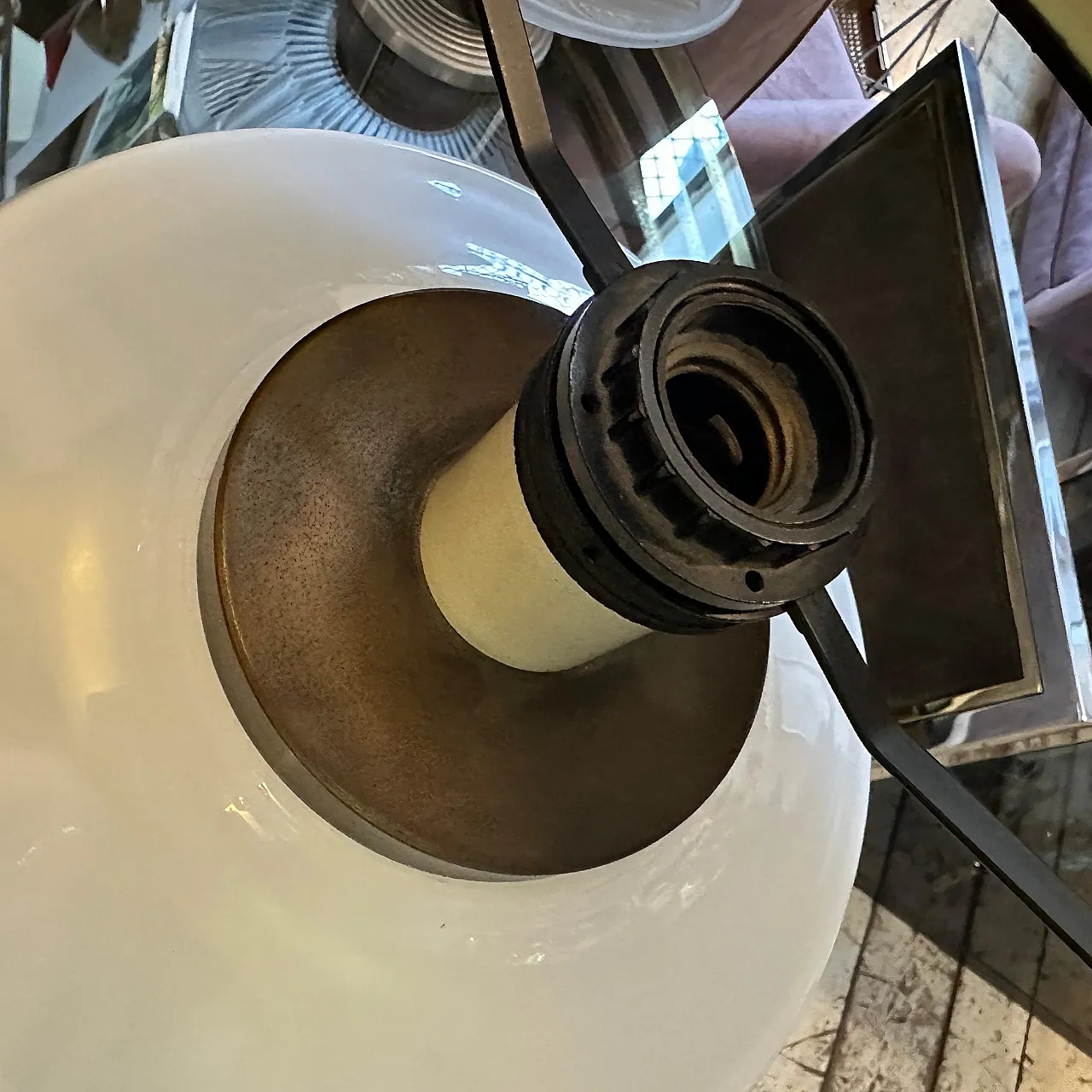 White opaline glass and brass table lamp, 1970s 8