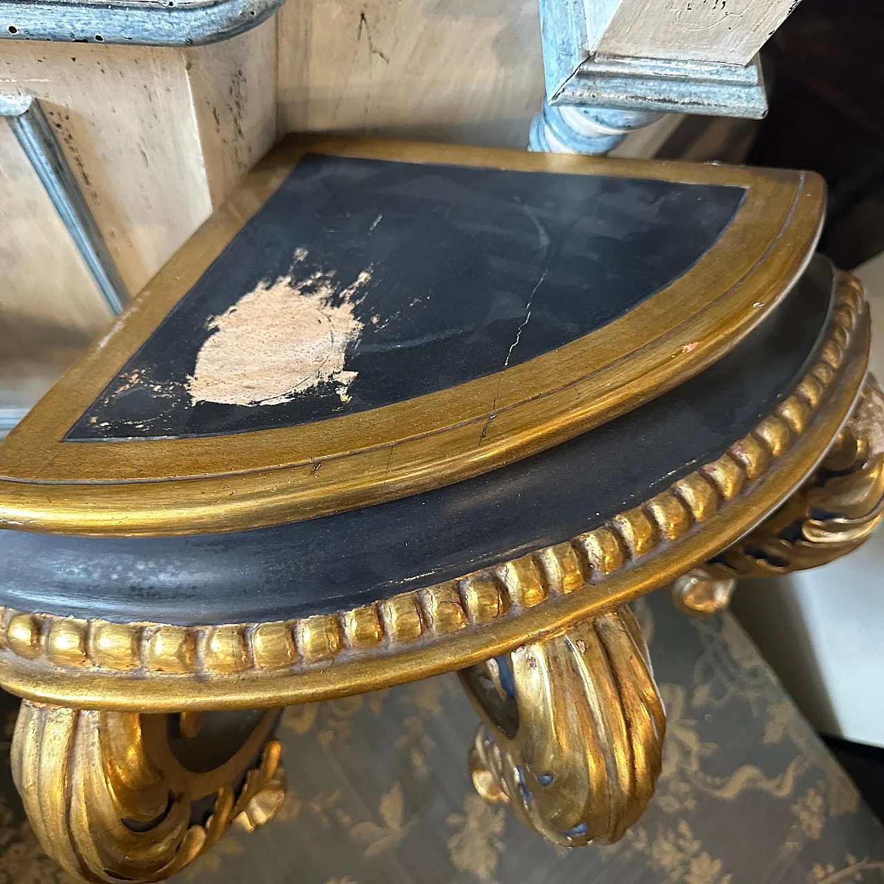 Consolle d'angolo in legno dorato e laccato blu barocco, '800 5