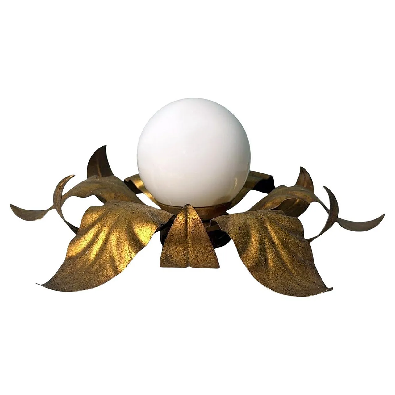 Lampada da soffitto in ottone dorato e vetro opalino, metà '900 1