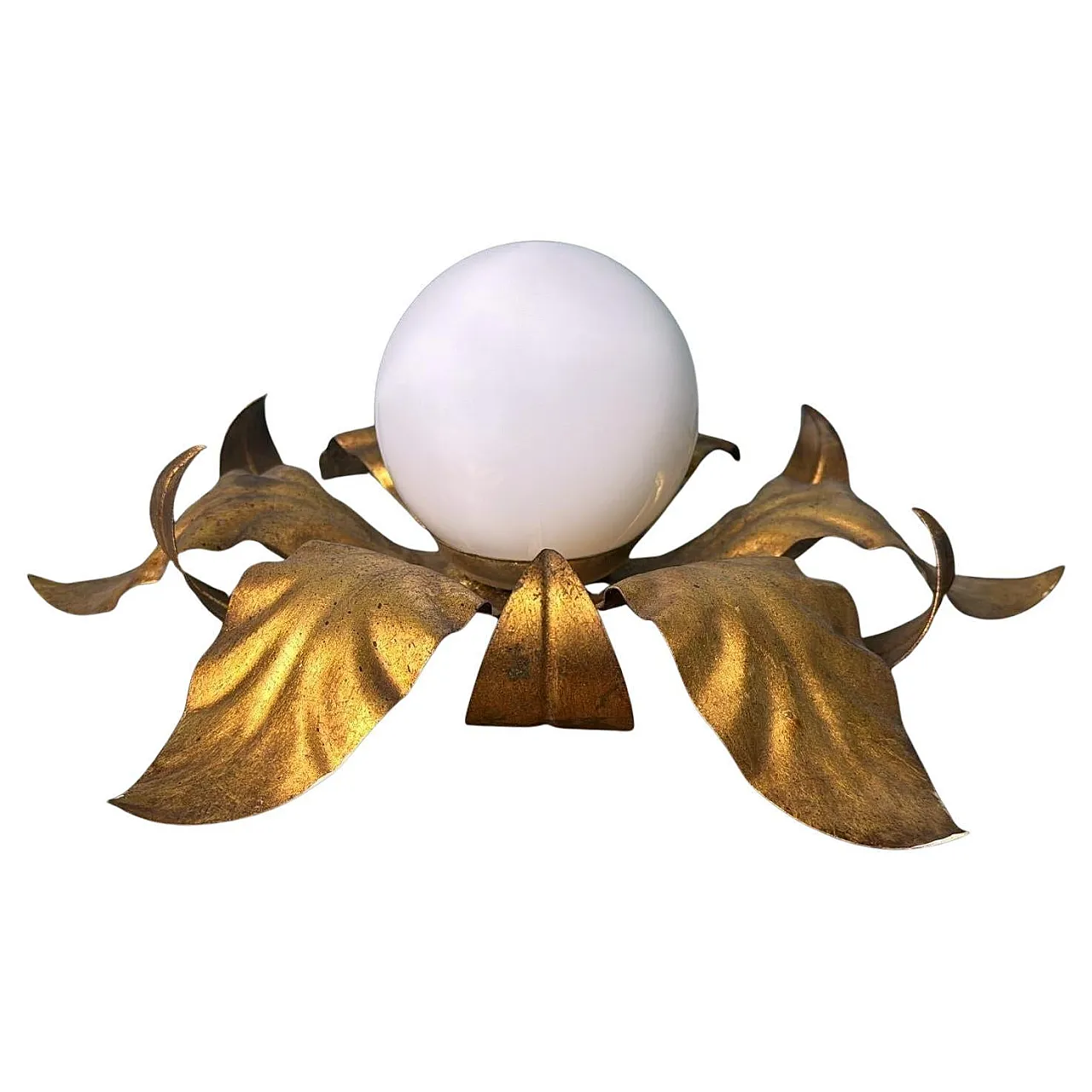 Lampada da soffitto in ottone dorato e vetro opalino, metà '900 2
