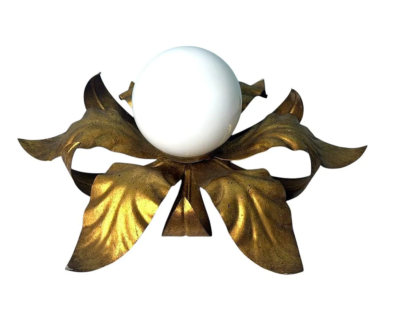 Lampada da soffitto in ottone dorato e vetro opalino, metà '900 3