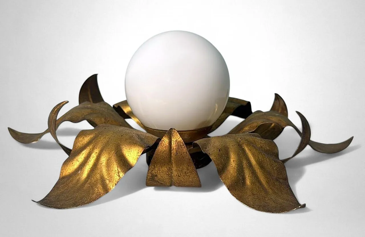 Lampada da soffitto in ottone dorato e vetro opalino, metà '900 4