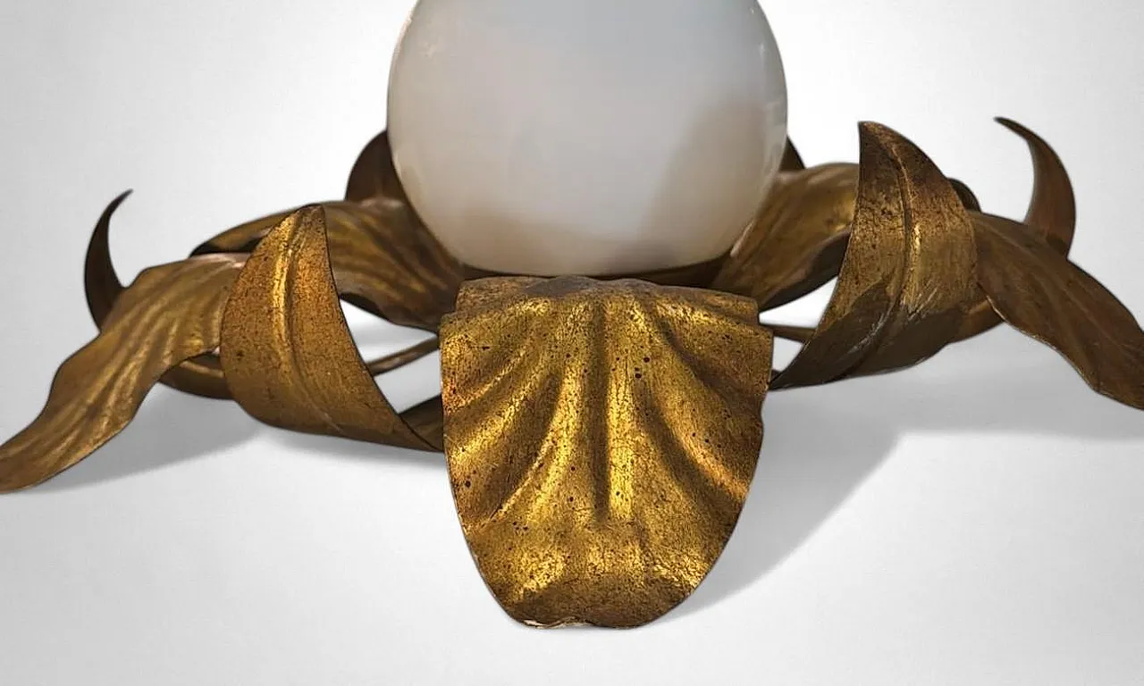 Lampada da soffitto in ottone dorato e vetro opalino, metà '900 14
