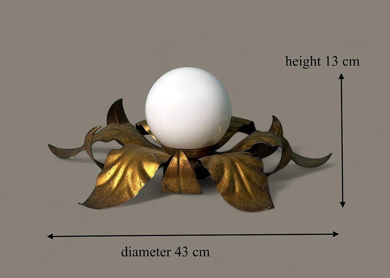 Lampada da soffitto in ottone dorato e vetro opalino, metà '900 20