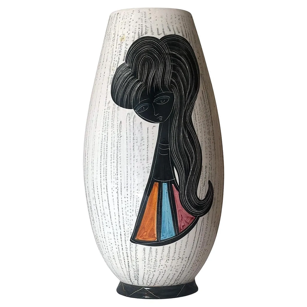 Vaso in ceramica con ragazza stilizzata e motivi geometrici, anni '60 1