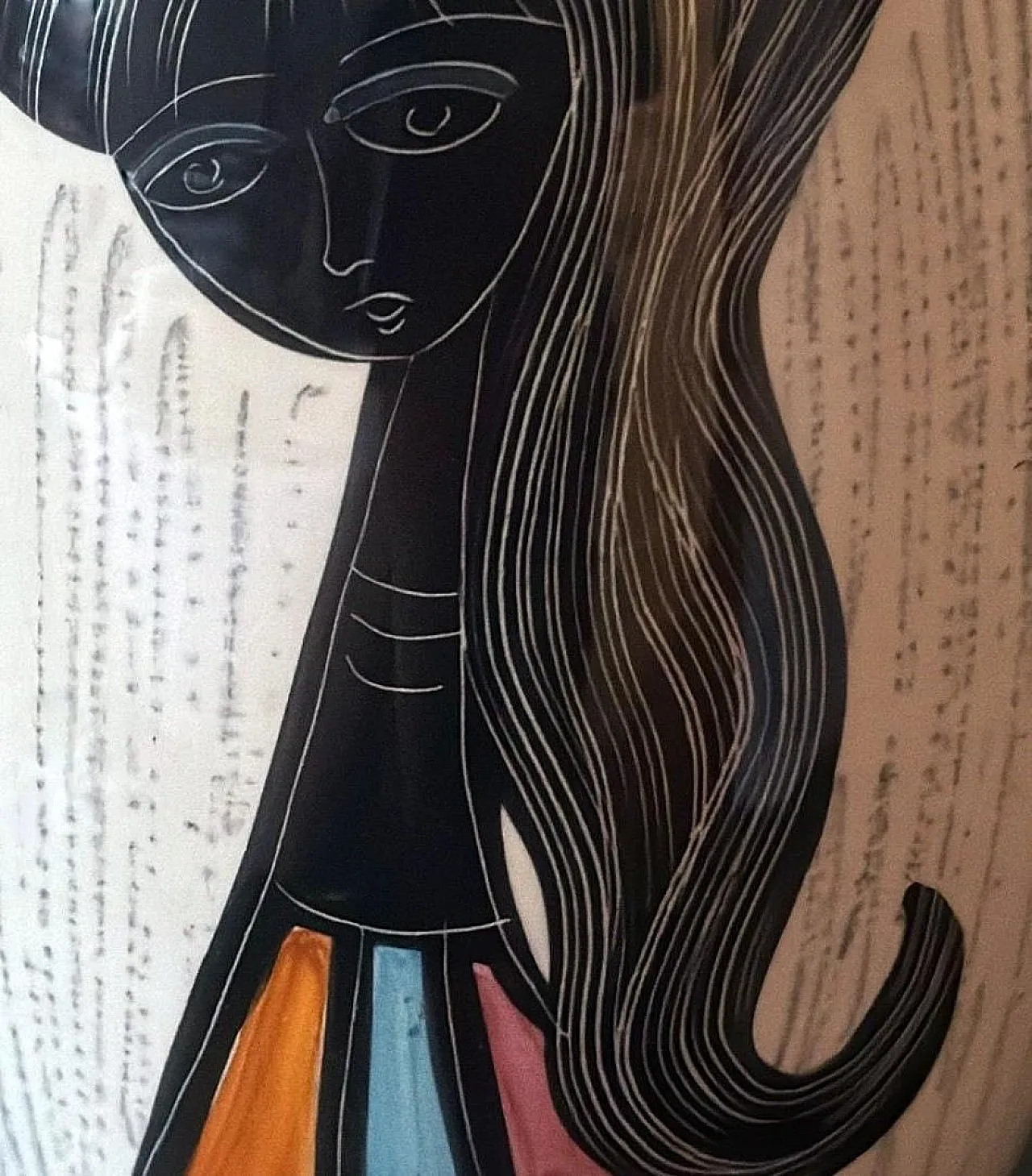 Vaso in ceramica con ragazza stilizzata e motivi geometrici, anni '60 10