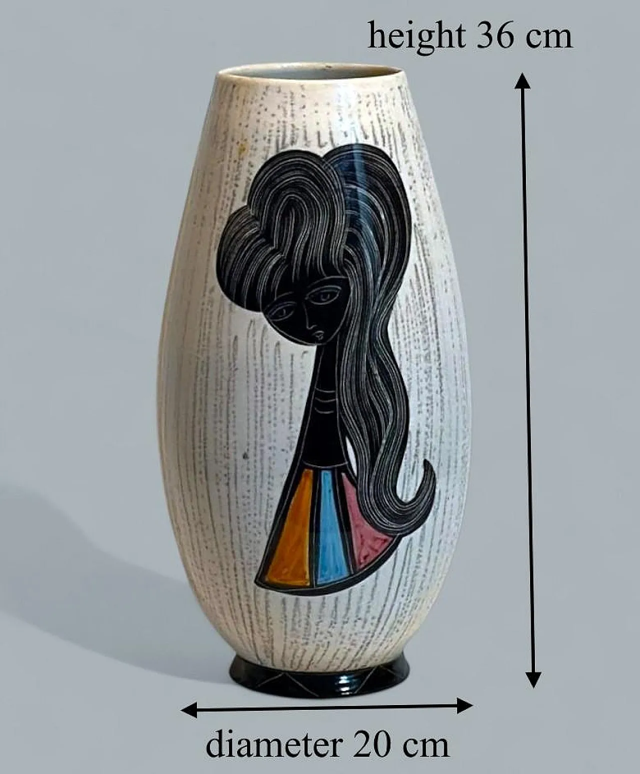 Vaso in ceramica con ragazza stilizzata e motivi geometrici, anni '60 19