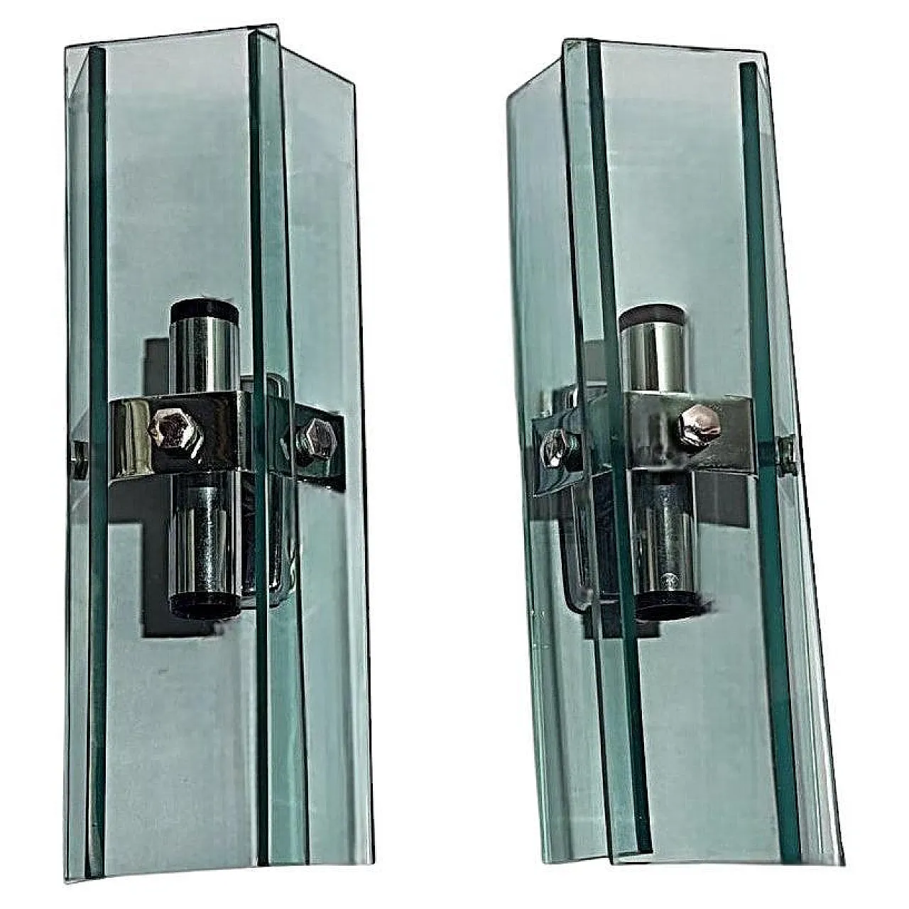 Coppia di applique in metallo cromato e cristallo temperato, anni '70 1