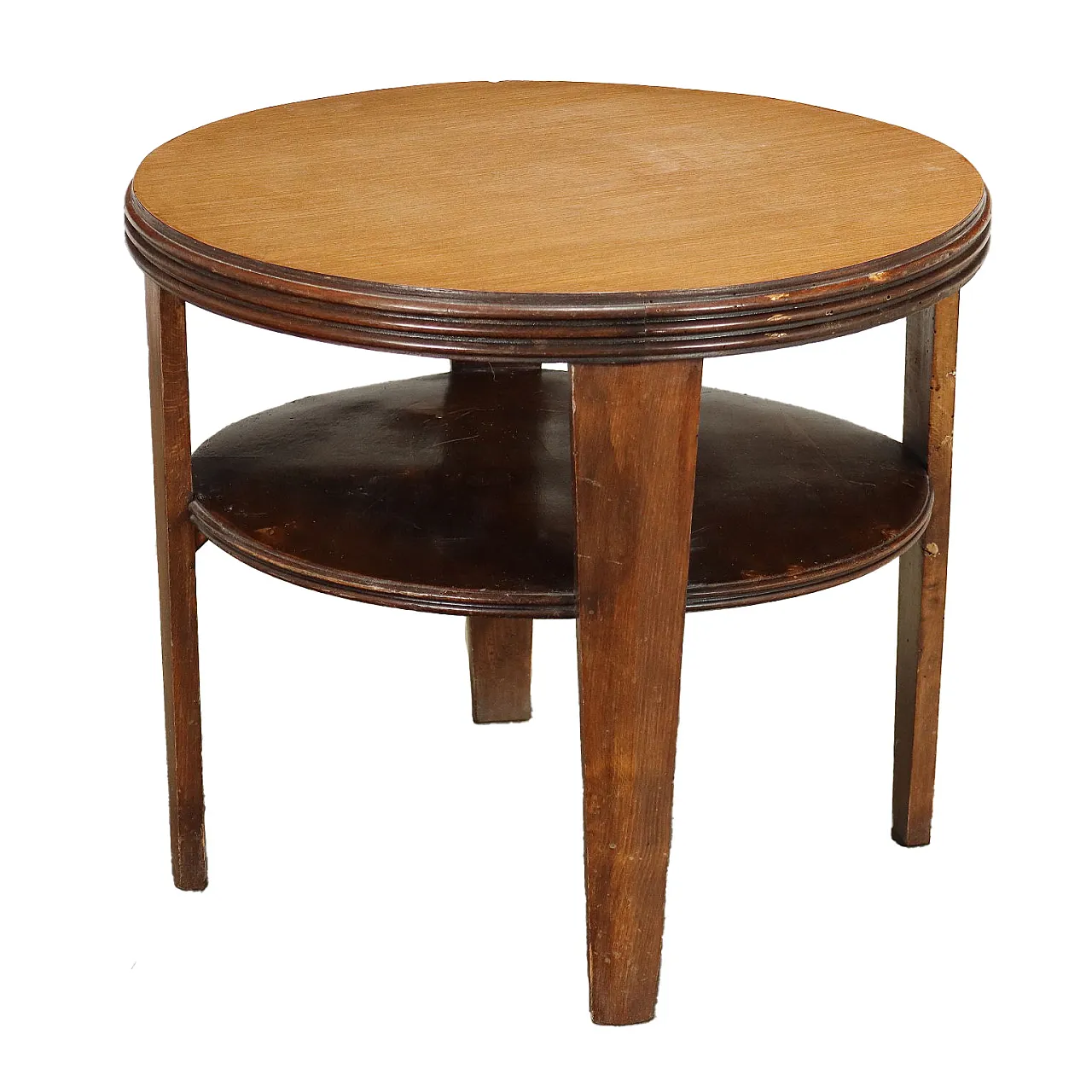 Round coffee table in stained beech with wood-effect formica top, 1940s 1