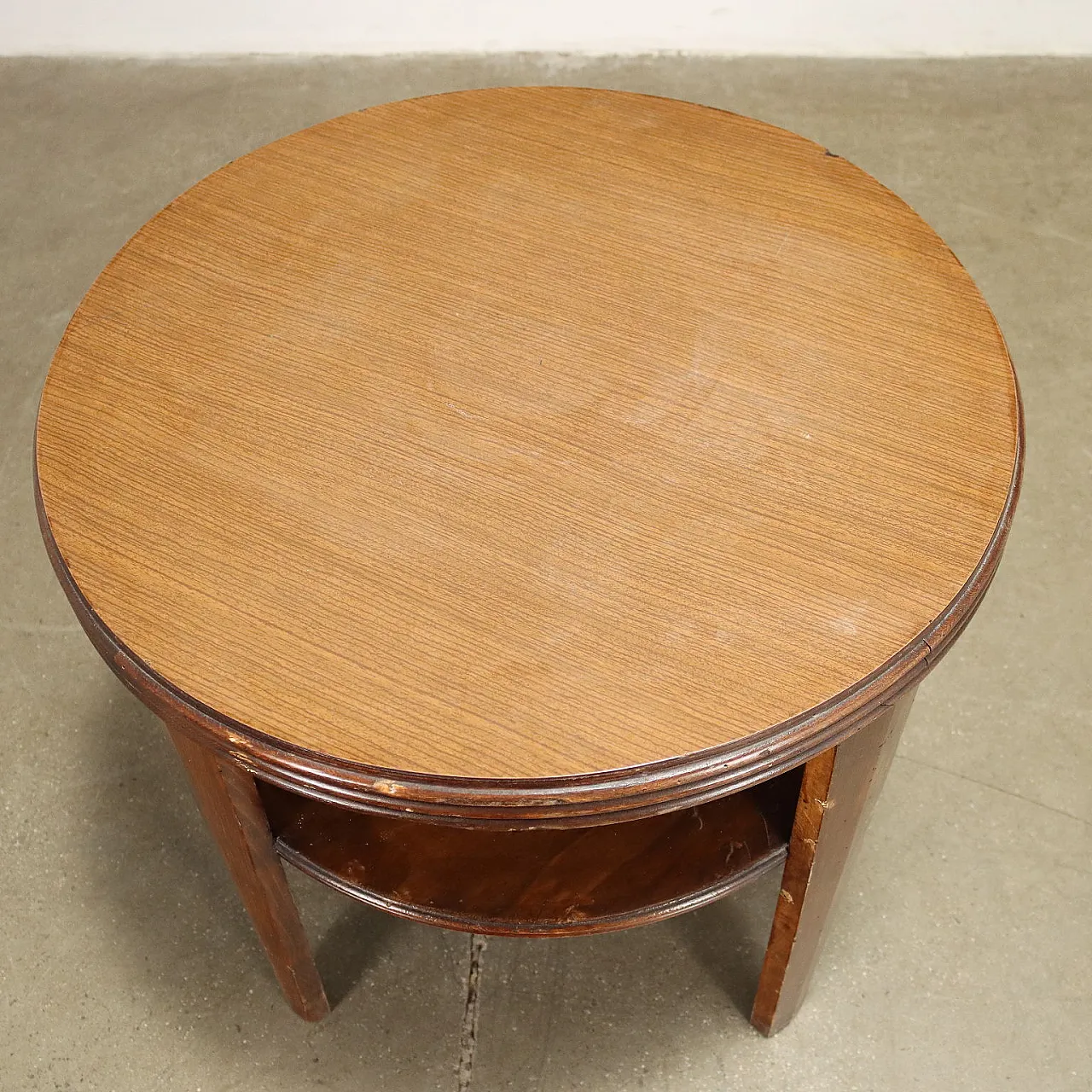 Round coffee table in stained beech with wood-effect formica top, 1940s 7