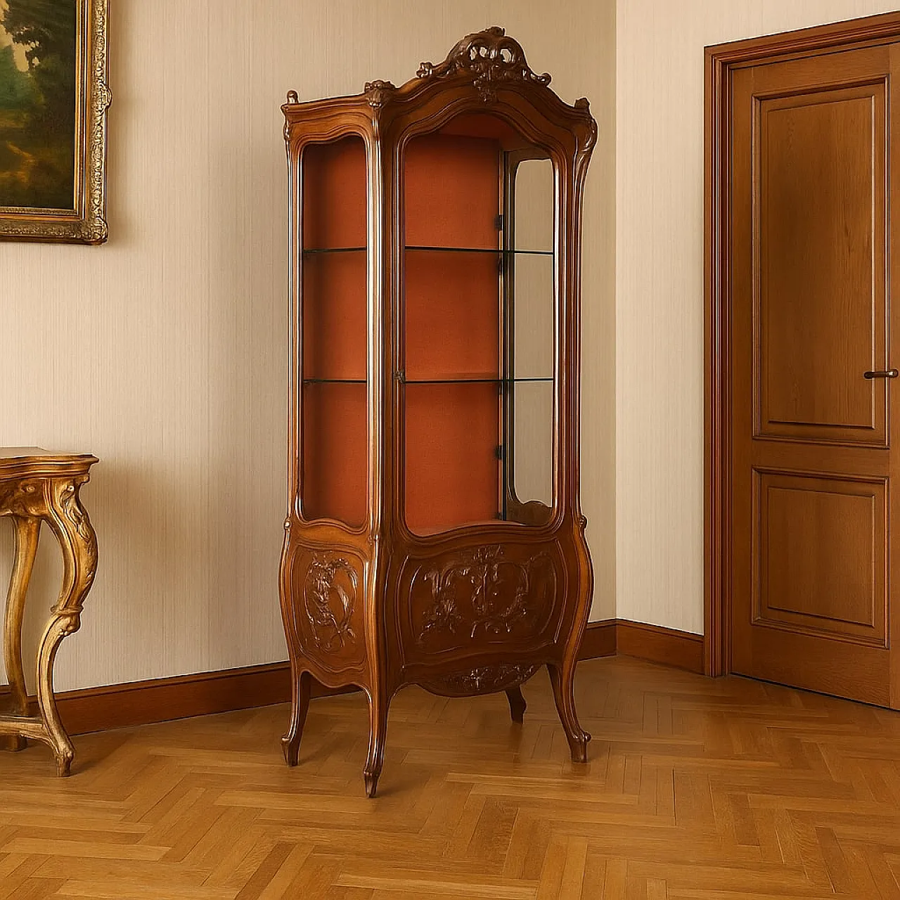 Vetrina in stile rococò in vetro e noce, '900 2