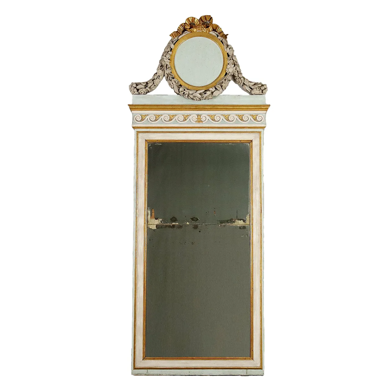 Specchio Neoclassico in legno intagliato, laccato e dorato, fine '700 1