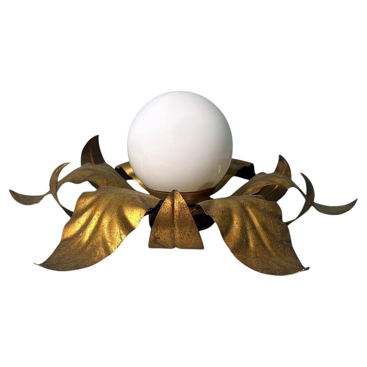 Lampada da soffitto in ottone dorato e vetro opalino, metà '900 21