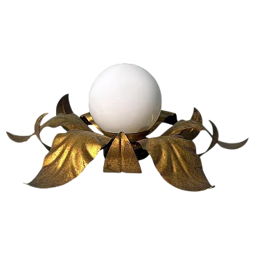 Lampada da soffitto in ottone dorato e vetro opalino, metà '900