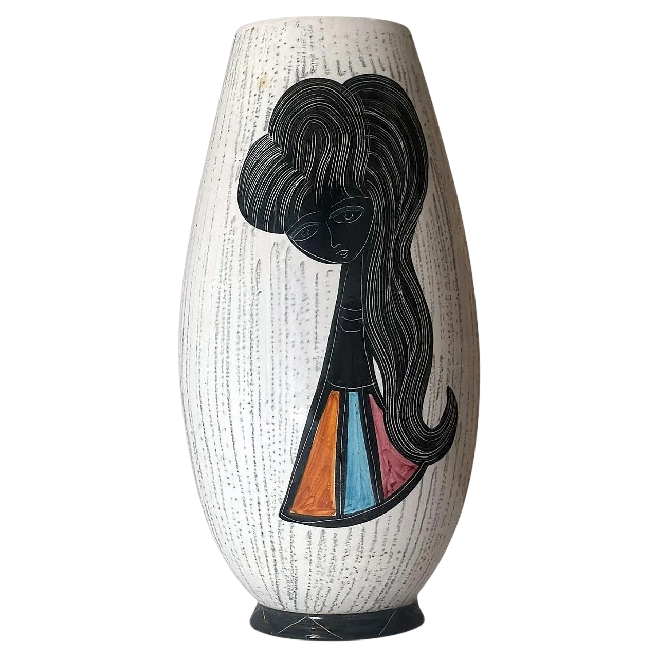 Vaso in ceramica con ragazza stilizzata e motivi geometrici, anni '60 20