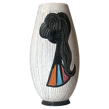 Vaso in ceramica con ragazza stilizzata e motivi geometrici, anni '60