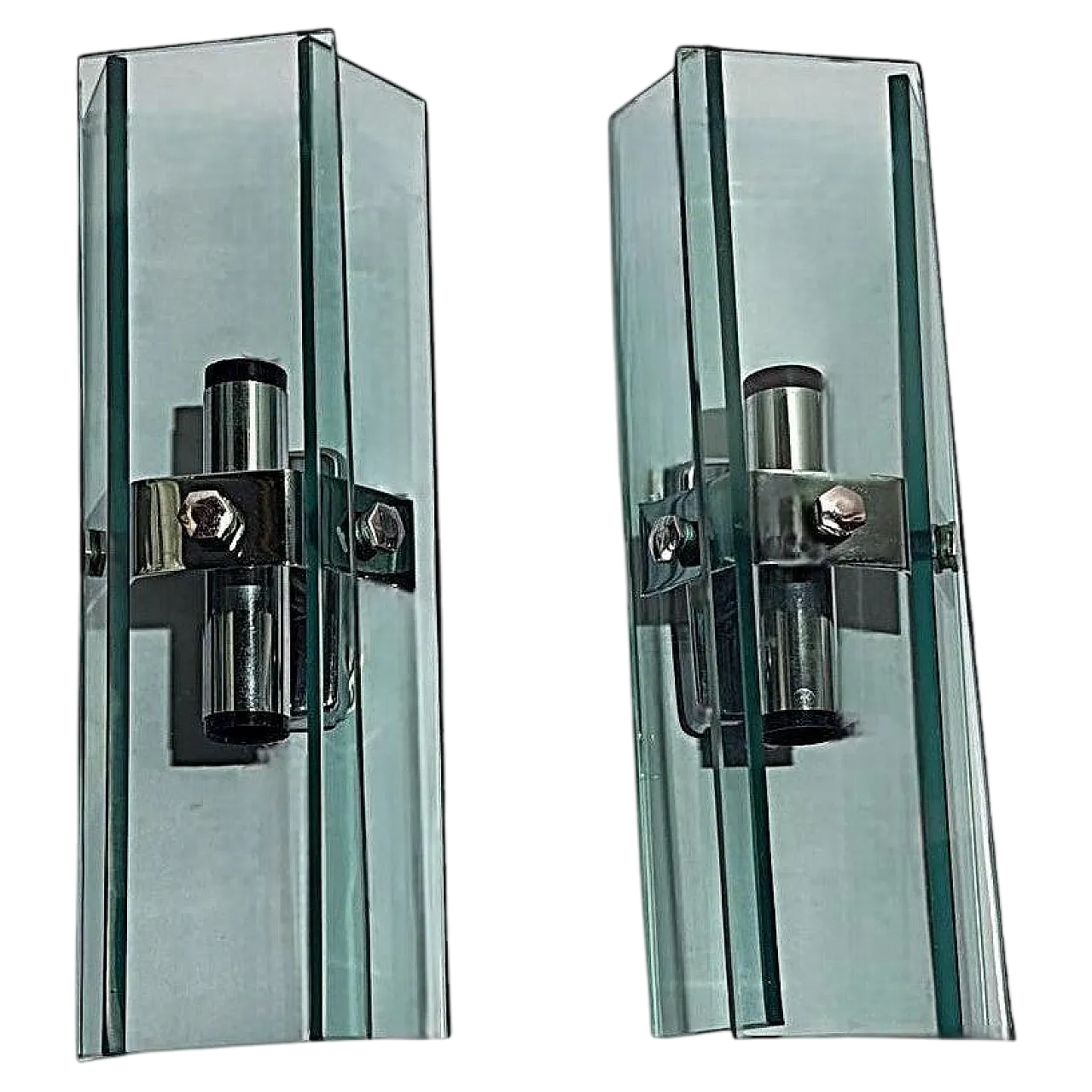 Coppia di applique in metallo cromato e cristallo temperato, anni '70 19