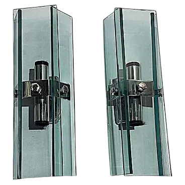 Coppia di applique in metallo cromato e cristallo temperato, anni '70