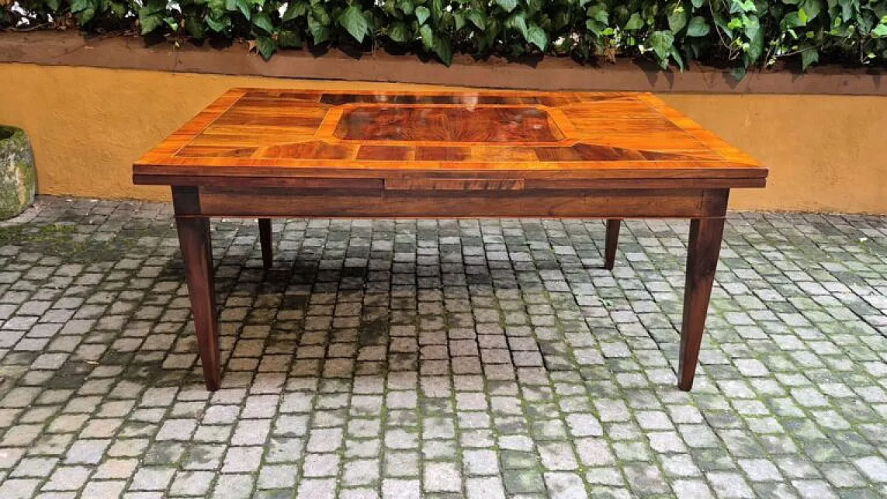 Table with walnut and cherry wood veneer and inlay, 19th century 2
