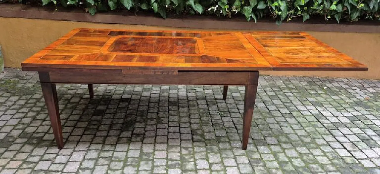 Table with walnut and cherry wood veneer and inlay, 19th century 4