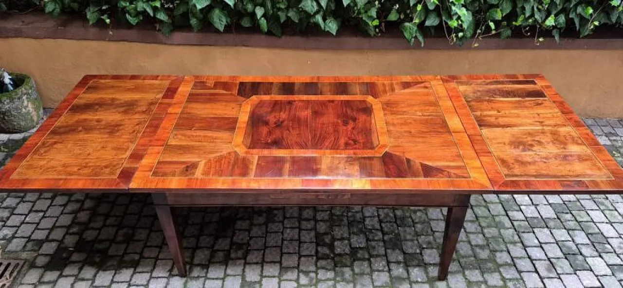 Table with walnut and cherry wood veneer and inlay, 19th century 5